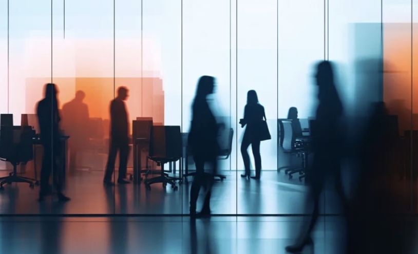 People walking in an office space. It's is blurred with orange, blues and blacks. You can't see their face only there outline